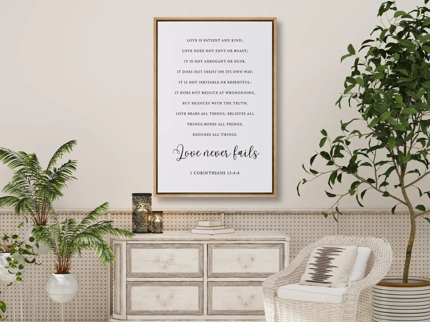 Anchor your home in Christ's unwavering love with this inspiring Christian canvas wall art. This framed canvas print features the complete, profound text of 1 Corinthians 13:4-8, highlighting the powerful truth that Love never fails.