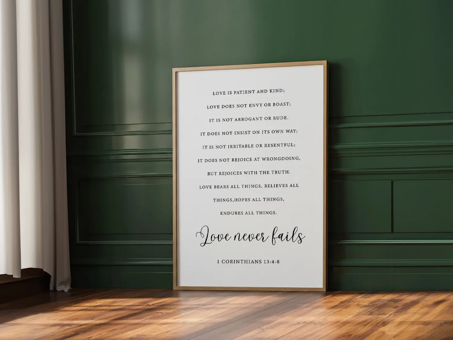 Anchor your home in Christ's unwavering love with this inspiring Christian canvas wall art. This framed canvas print features the complete, profound text of 1 Corinthians 13:4-8, highlighting the powerful truth that Love never fails.