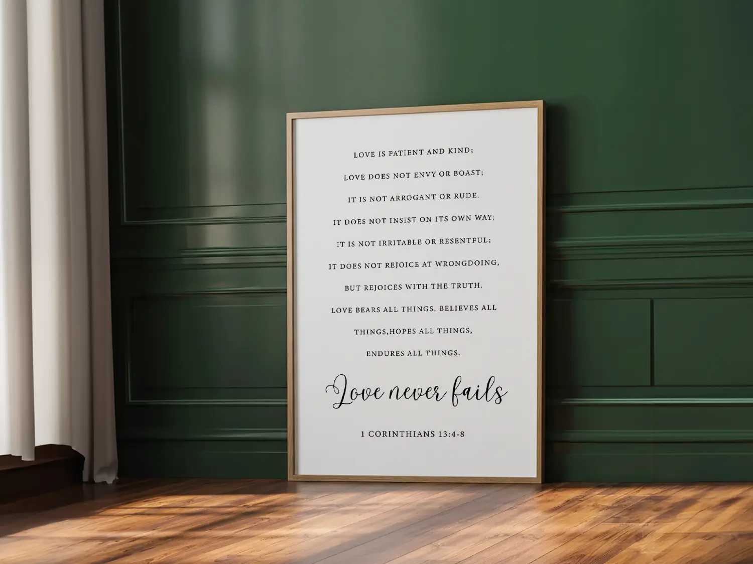 Anchor your home in Christ's unwavering love with this inspiring Christian canvas wall art. This framed canvas print features the complete, profound text of 1 Corinthians 13:4-8, highlighting the powerful truth that Love never fails.