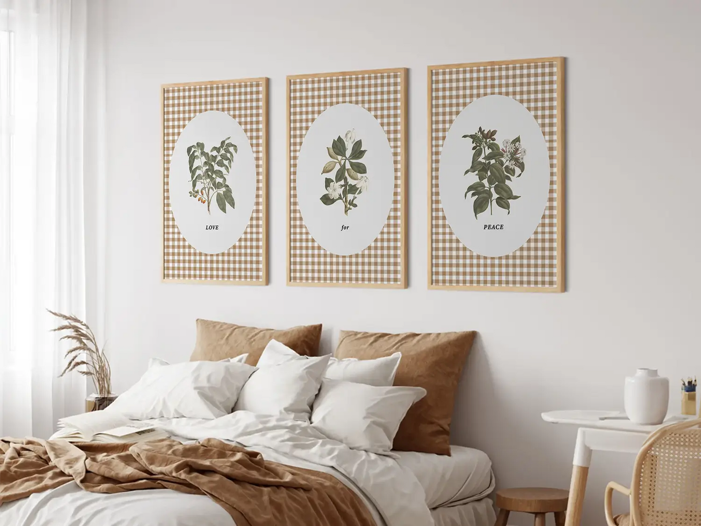 Add a touch of farmhouse charm with this inspiring Christian wall art set. This collection of three framed botanical prints features a chic gingham background and the simple, profound message: LOVE for PEACE, bringing warmth and grace to your home.