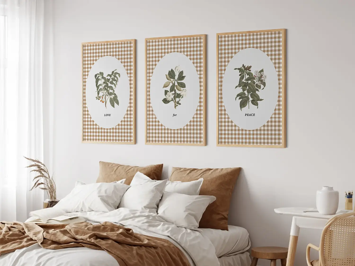 Add a touch of farmhouse charm with this inspiring Christian wall art set. This collection of three framed botanical prints features a chic gingham background and the simple, profound message: LOVE for PEACE, bringing warmth and grace to your home.