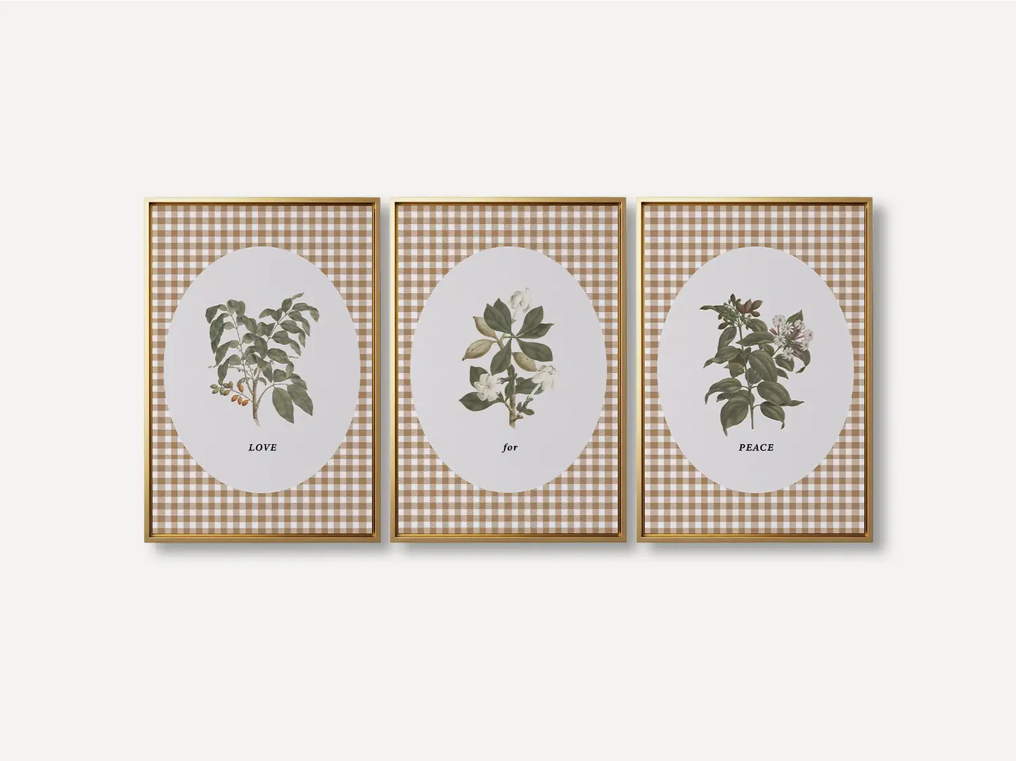 Add a touch of farmhouse charm with this inspiring Christian wall art set. This collection of three framed botanical prints features a chic gingham background and the simple, profound message: LOVE for PEACE, bringing warmth and grace to your home.