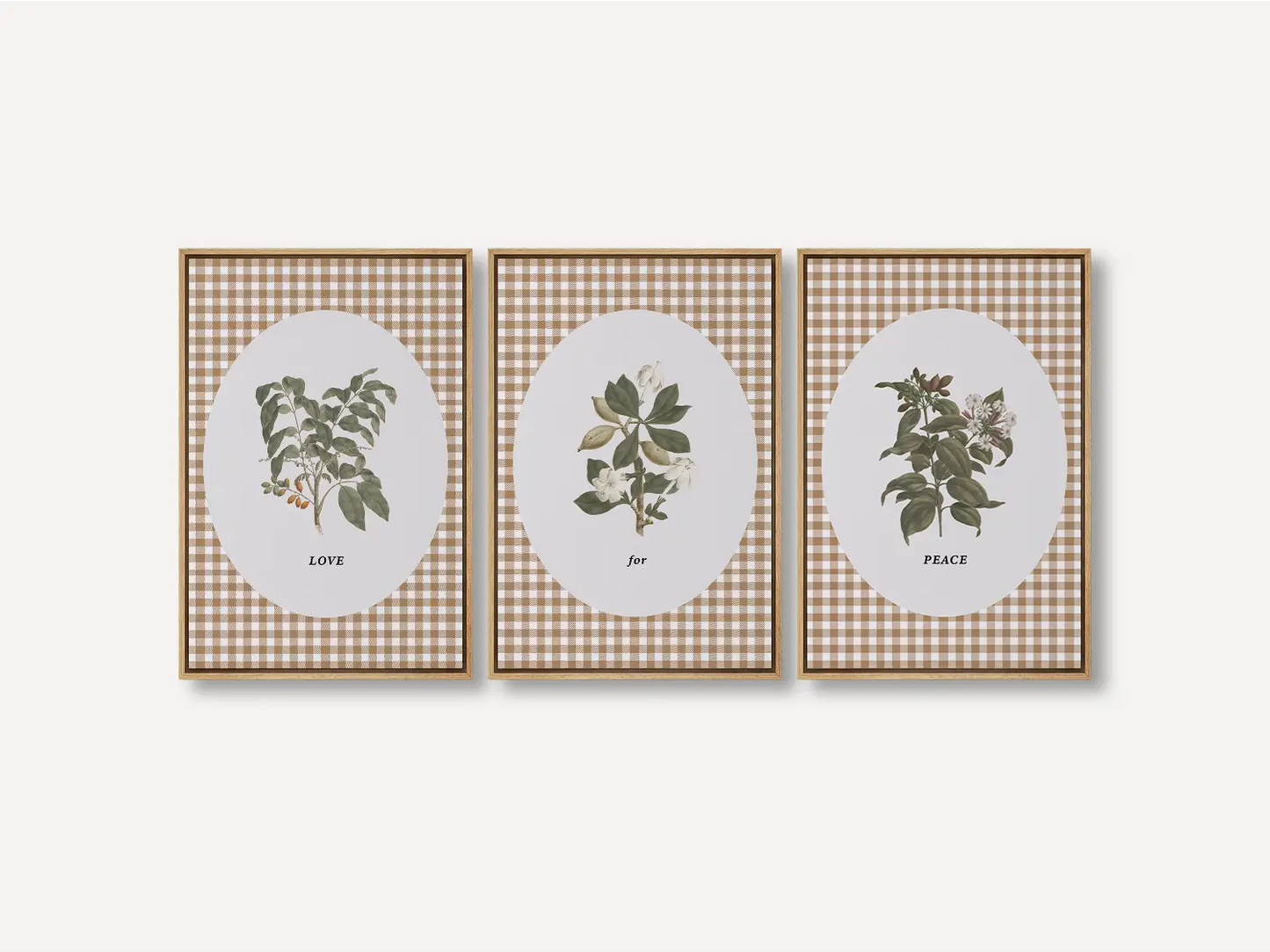Add a touch of farmhouse charm with this inspiring Christian wall art set. This collection of three framed botanical prints features a chic gingham background and the simple, profound message: LOVE for PEACE, bringing warmth and grace to your home.