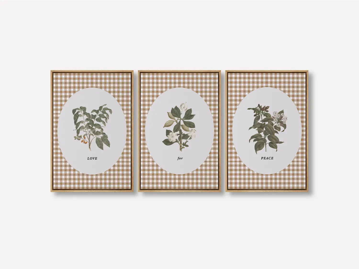 Add a touch of farmhouse charm with this inspiring Christian wall art set. This collection of three framed botanical prints features a chic gingham background and the simple, profound message: LOVE for PEACE, bringing warmth and grace to your home.