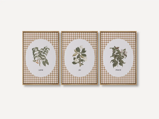 Add a touch of farmhouse charm with this inspiring Christian wall art set. This collection of three framed botanical prints features a chic gingham background and the simple, profound message: LOVE for PEACE, bringing warmth and grace to your home.
