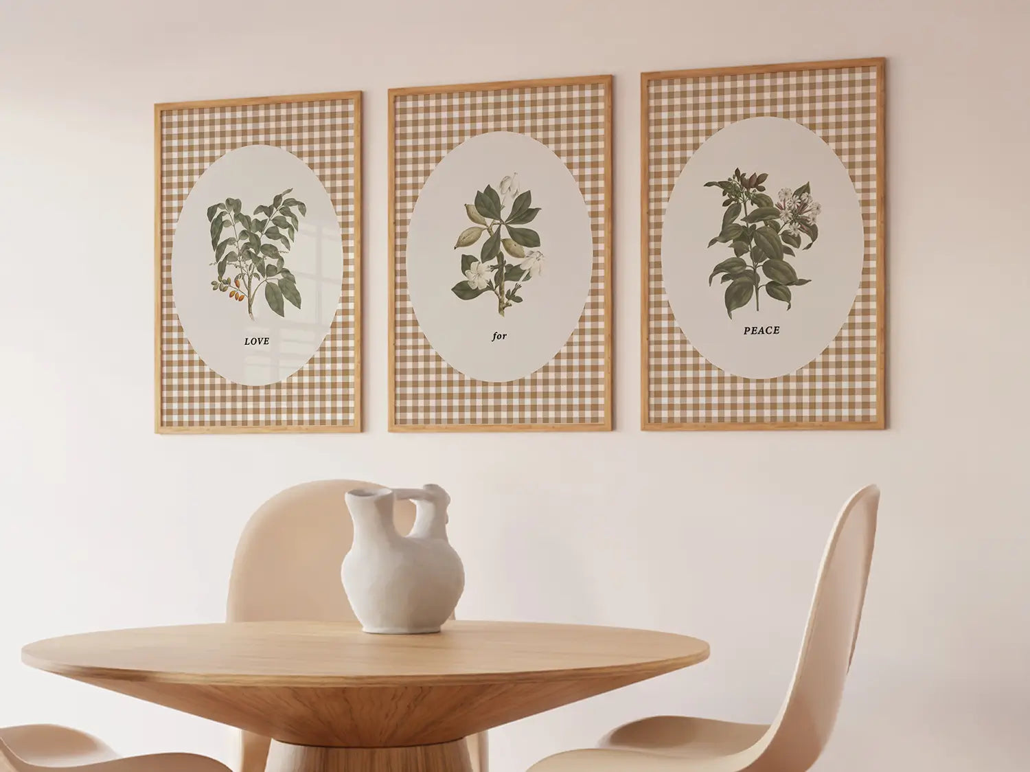 Add a touch of farmhouse charm with this inspiring Christian wall art set. This collection of three framed botanical prints features a chic gingham background and the simple, profound message: LOVE for PEACE, bringing warmth and grace to your home.