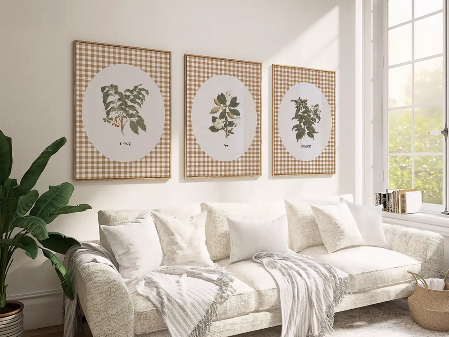 Add a touch of farmhouse charm with this inspiring Christian wall art set. This collection of three framed botanical prints features a chic gingham background and the simple, profound message: LOVE for PEACE, bringing warmth and grace to your home.