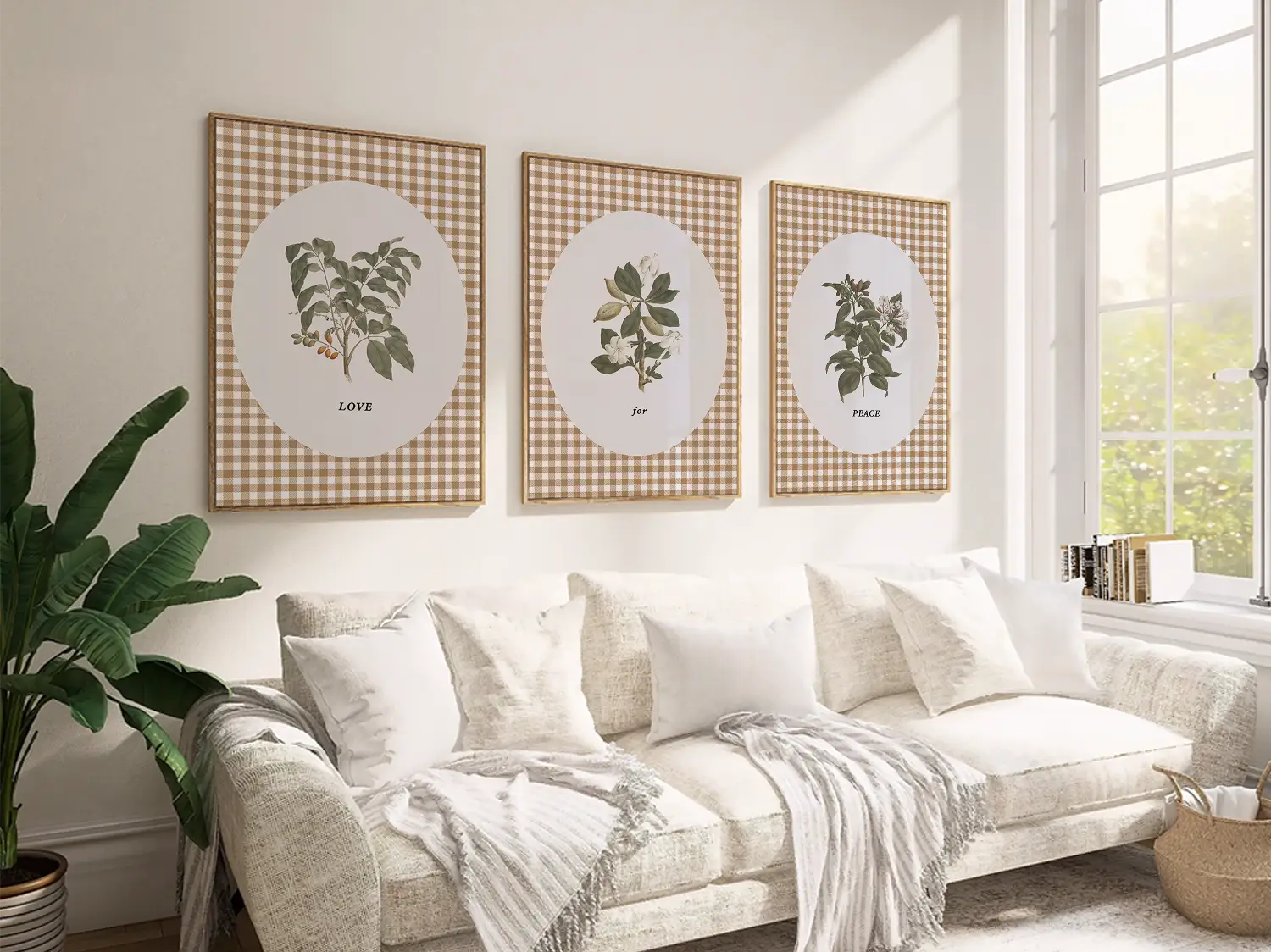 Add a touch of farmhouse charm with this inspiring Christian wall art set. This collection of three framed botanical prints features a chic gingham background and the simple, profound message: LOVE for PEACE, bringing warmth and grace to your home.