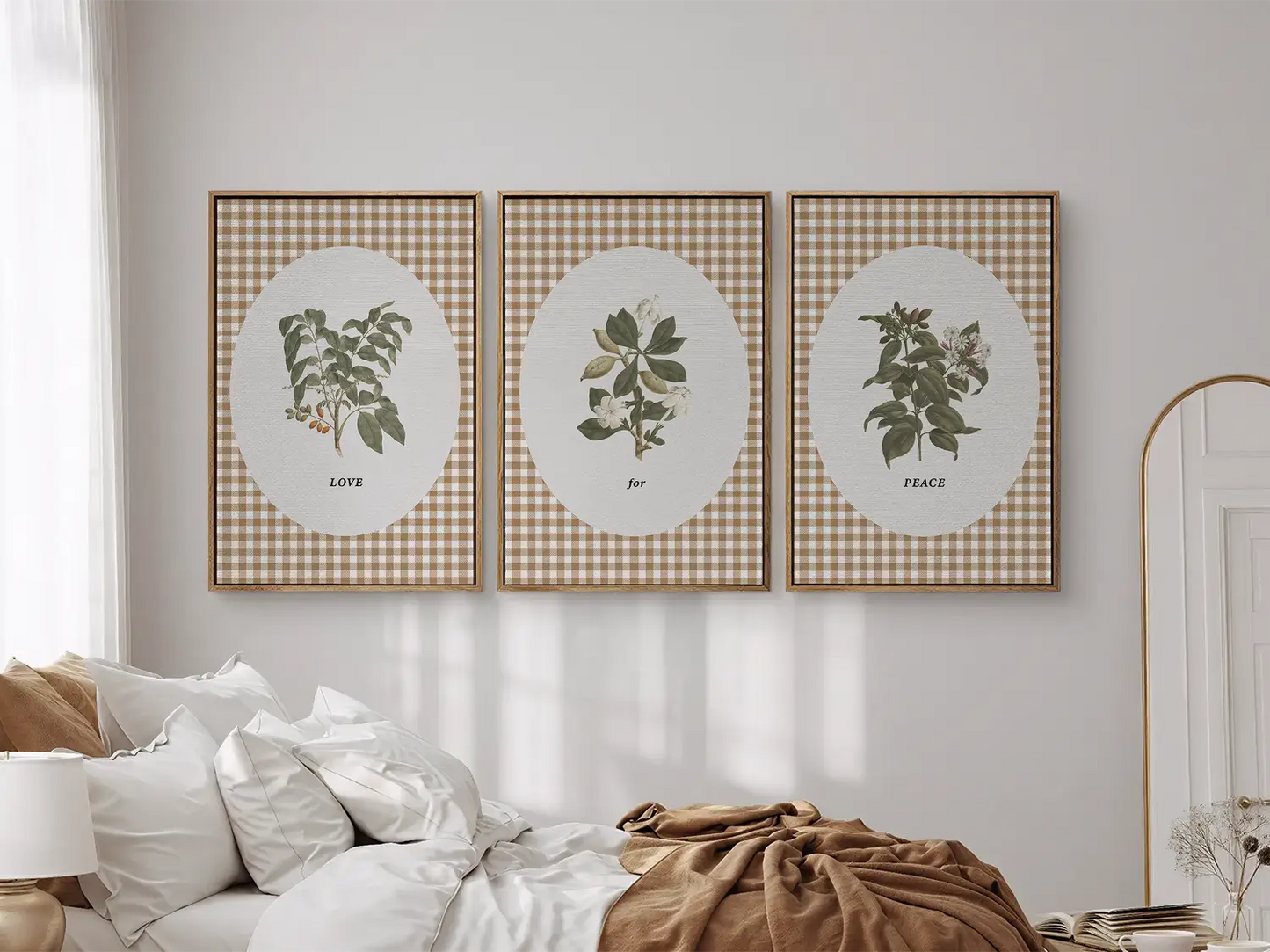 Add a touch of farmhouse charm with this inspiring Christian wall art set. This collection of three framed botanical prints features a chic gingham background and the simple, profound message: LOVE for PEACE, bringing warmth and grace to your home.