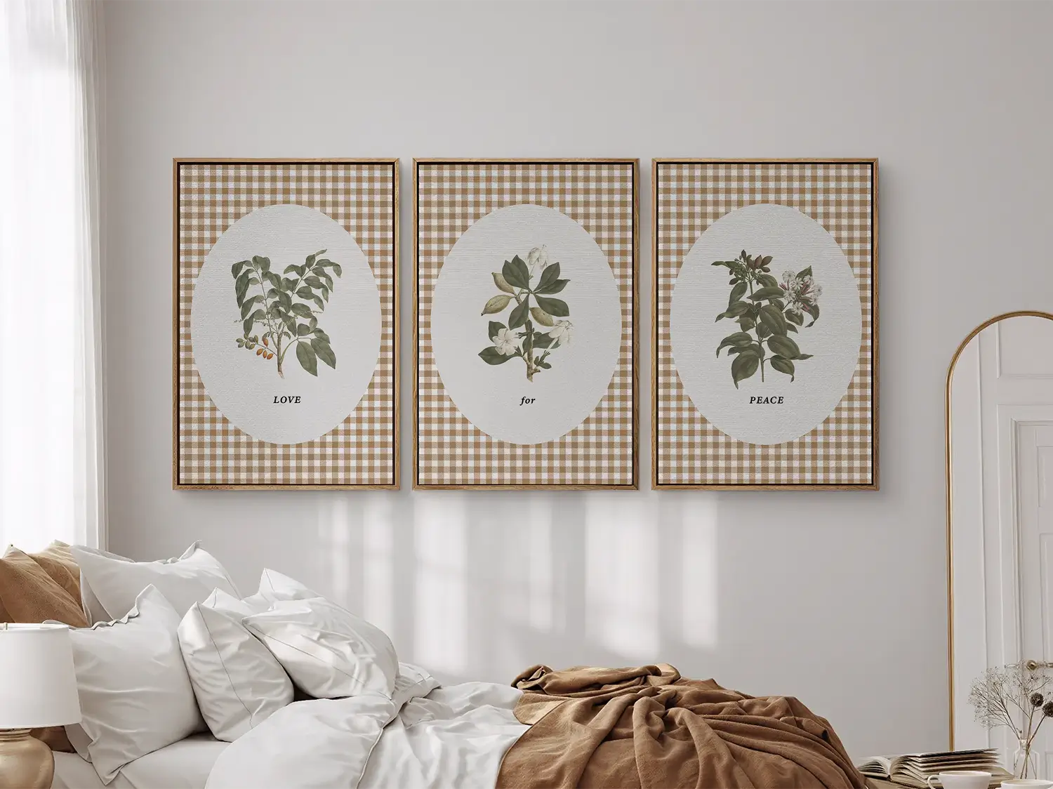 Add a touch of farmhouse charm with this inspiring Christian wall art set. This collection of three framed botanical prints features a chic gingham background and the simple, profound message: LOVE for PEACE, bringing warmth and grace to your home.