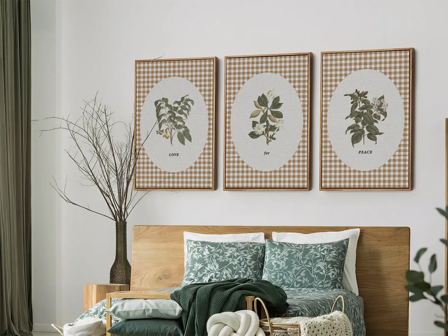 Add a touch of farmhouse charm with this inspiring Christian wall art set. This collection of three framed botanical prints features a chic gingham background and the simple, profound message: LOVE for PEACE, bringing warmth and grace to your home.
