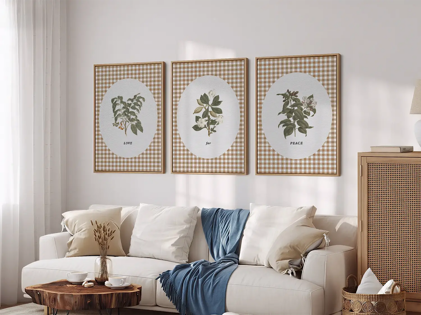 Add a touch of farmhouse charm with this inspiring Christian wall art set. This collection of three framed botanical prints features a chic gingham background and the simple, profound message: LOVE for PEACE, bringing warmth and grace to your home.