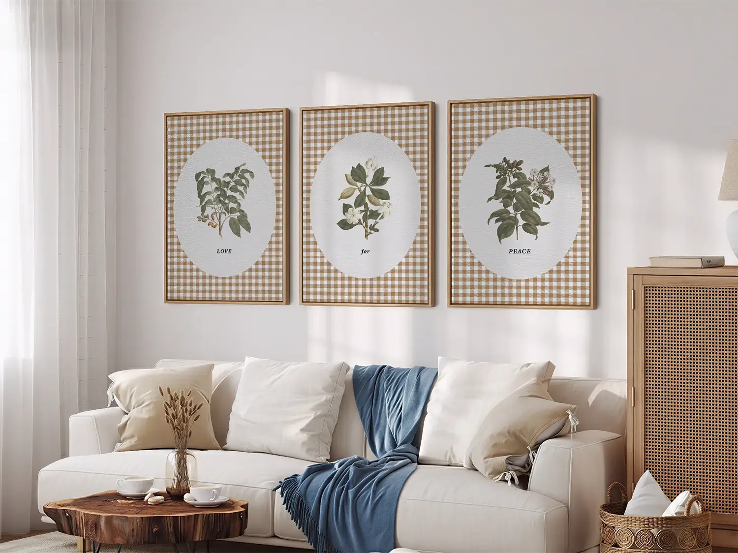 Add a touch of farmhouse charm with this inspiring Christian wall art set. This collection of three framed botanical prints features a chic gingham background and the simple, profound message: LOVE for PEACE, bringing warmth and grace to your home.