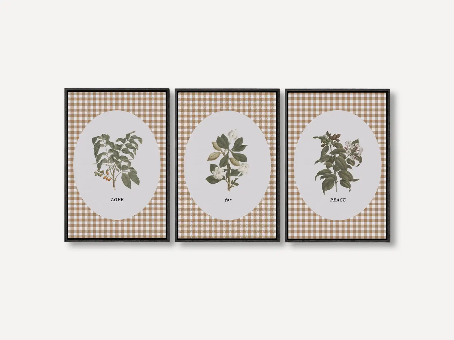 Add a touch of farmhouse charm with this inspiring Christian wall art set. This collection of three framed botanical prints features a chic gingham background and the simple, profound message: LOVE for PEACE, bringing warmth and grace to your home.