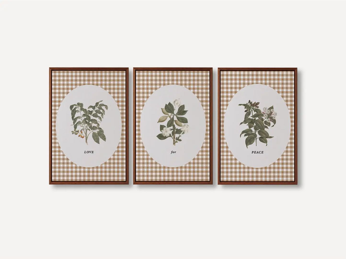 Add a touch of farmhouse charm with this inspiring Christian wall art set. This collection of three framed botanical prints features a chic gingham background and the simple, profound message: LOVE for PEACE, bringing warmth and grace to your home.