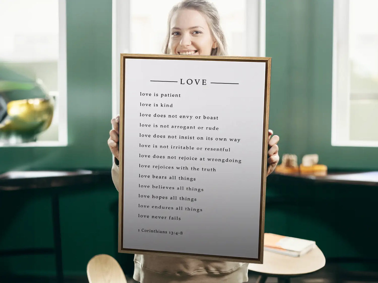 Anchor your home in Christ's definition of love with this inspiring Christian canvas wall art. This framed canvas print features the complete, profound text of 1 Corinthians 13:4-8, a perfect guide for relationships and faith.
