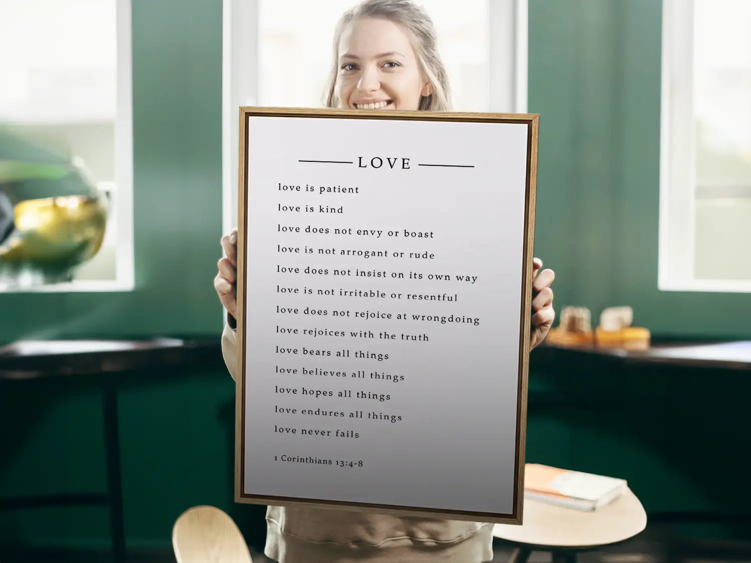 Anchor your home in Christ's definition of love with this inspiring Christian canvas wall art. This framed canvas print features the complete, profound text of 1 Corinthians 13:4-8, a perfect guide for relationships and faith.