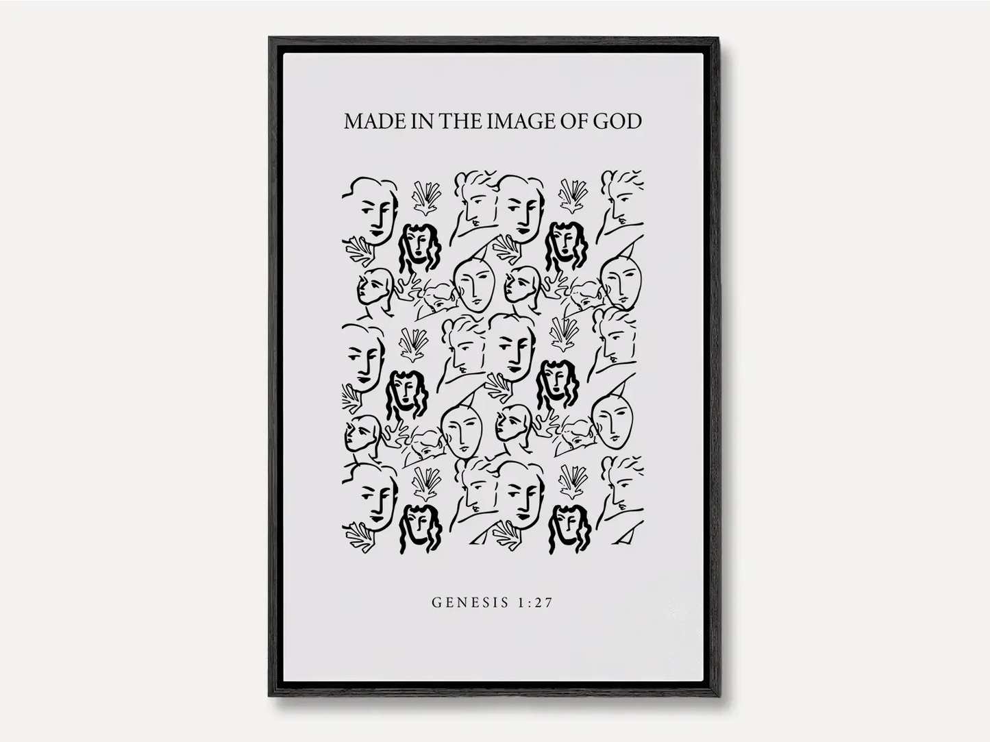 Celebrate the profound value of every person with this inspiring Christian canvas wall art. This framed canvas print features a modern, abstract portrait illustration and the foundational truth from Genesis 1:27: "Made in the Image of God."
