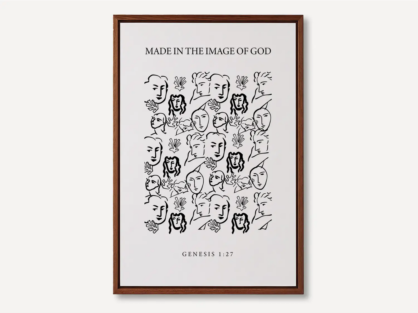 Celebrate the profound value of every person with this inspiring Christian canvas wall art. This framed canvas print features a modern, abstract portrait illustration and the foundational truth from Genesis 1:27: "Made in the Image of God."