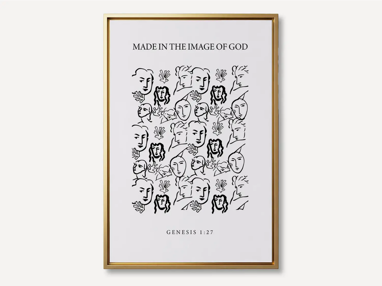 Celebrate the profound value of every person with this inspiring Christian canvas wall art. This framed canvas print features a modern, abstract portrait illustration and the foundational truth from Genesis 1:27: "Made in the Image of God."