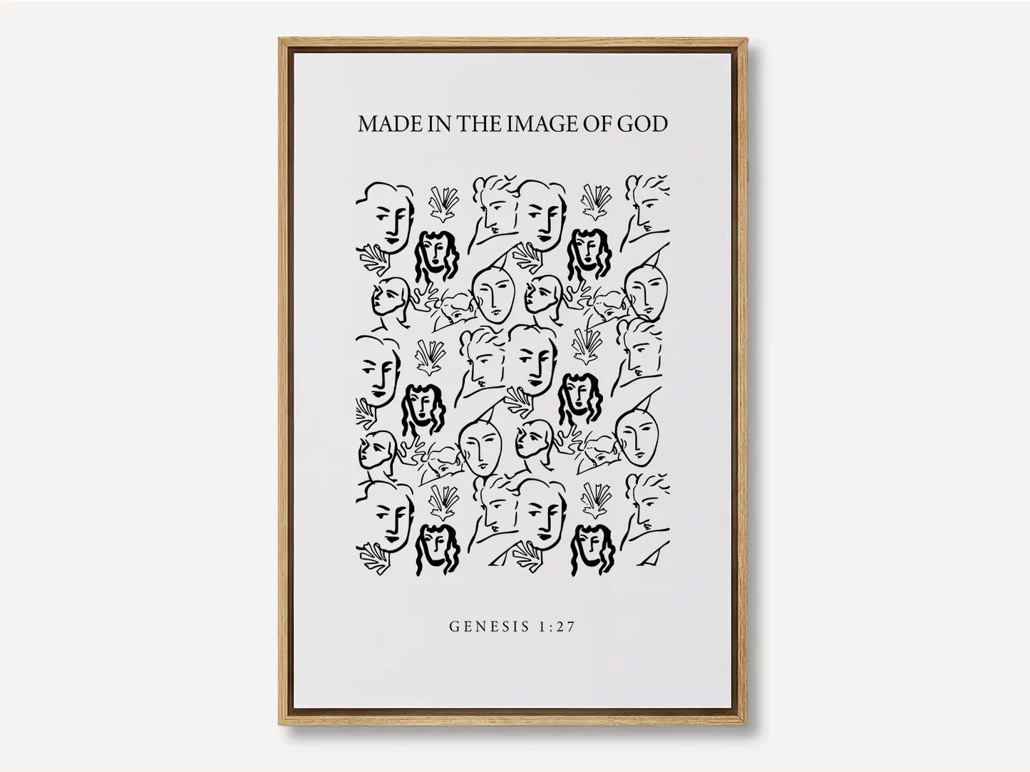 Celebrate the profound value of every person with this inspiring Christian canvas wall art. This framed canvas print features a modern, abstract portrait illustration and the foundational truth from Genesis 1:27: "Made in the Image of God."