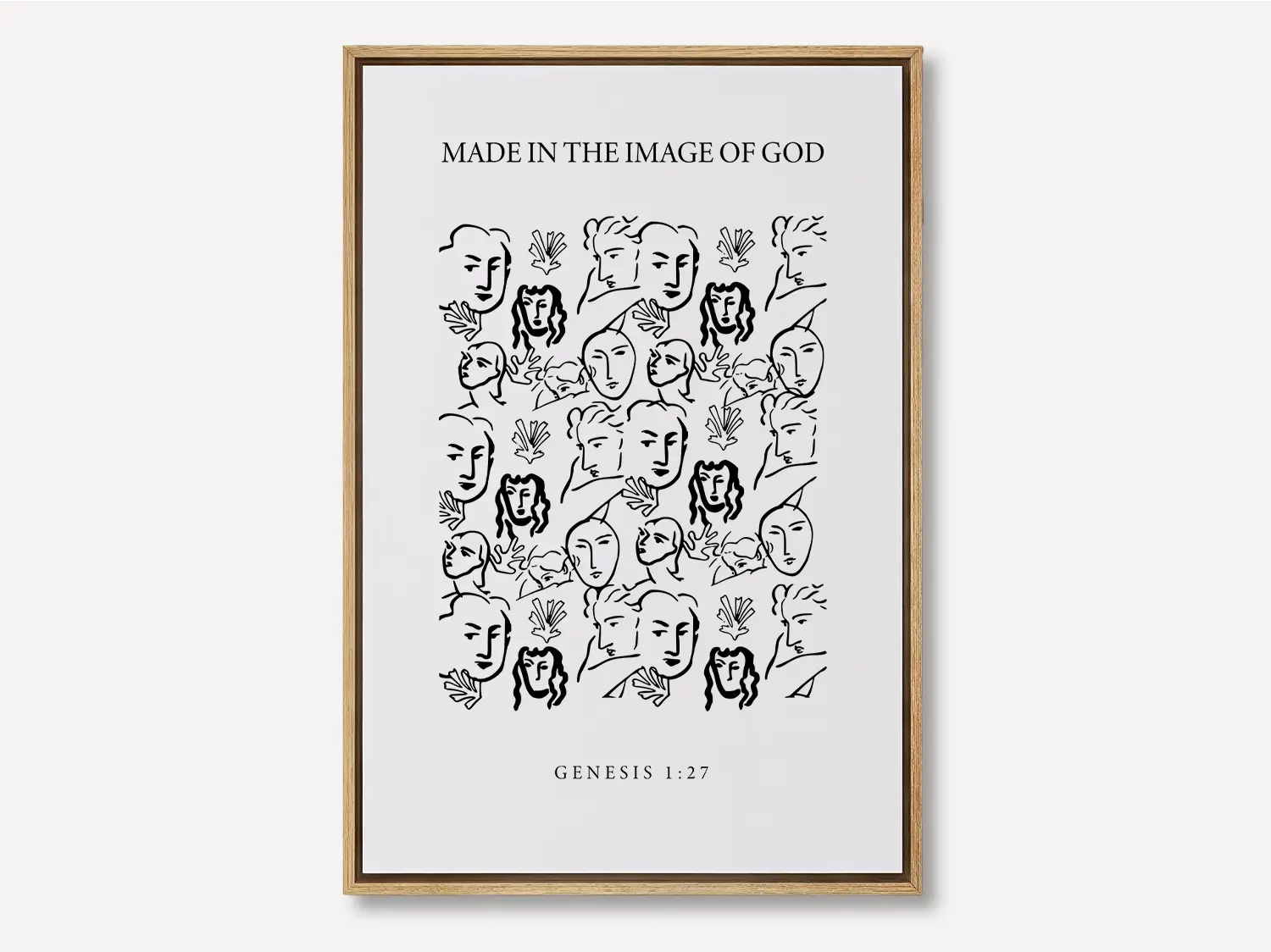 Celebrate the profound value of every person with this inspiring Christian canvas wall art. This framed canvas print features a modern, abstract portrait illustration and the foundational truth from Genesis 1:27: "Made in the Image of God."