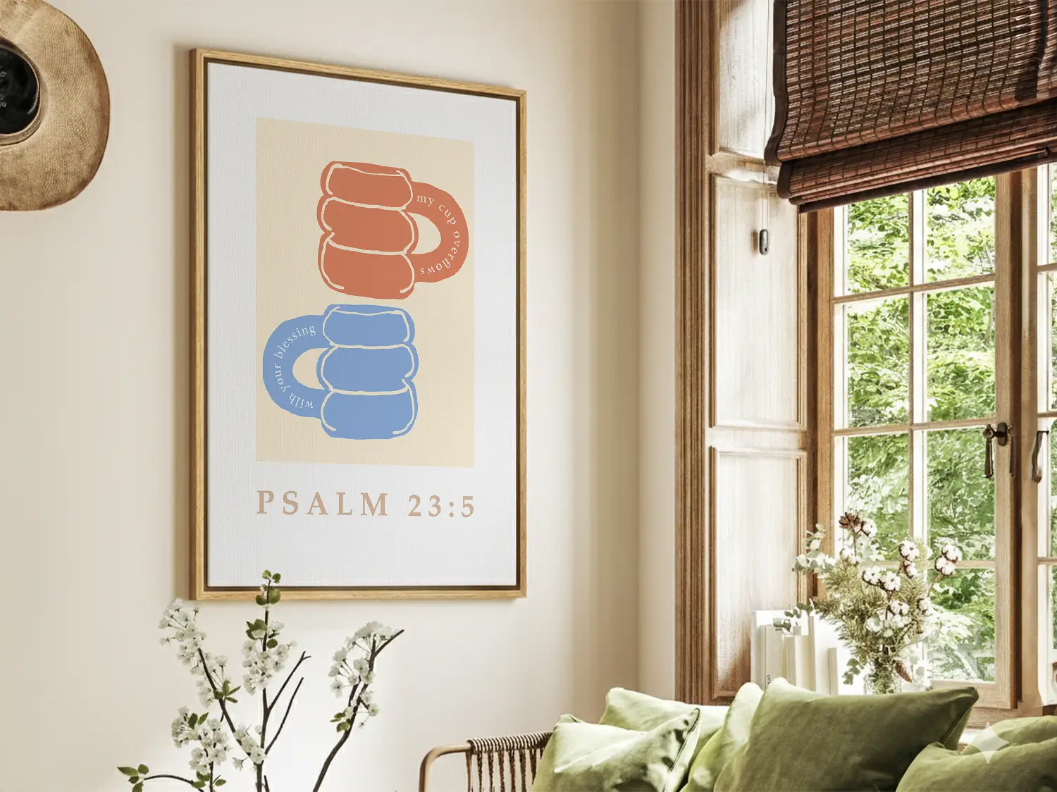 Celebrate abundant blessings with this inspiring Christian canvas wall art. This framed canvas print features a joyful, abstract design of stacked mugs and the comforting promise from Psalm 23:5 that your cup overflows.