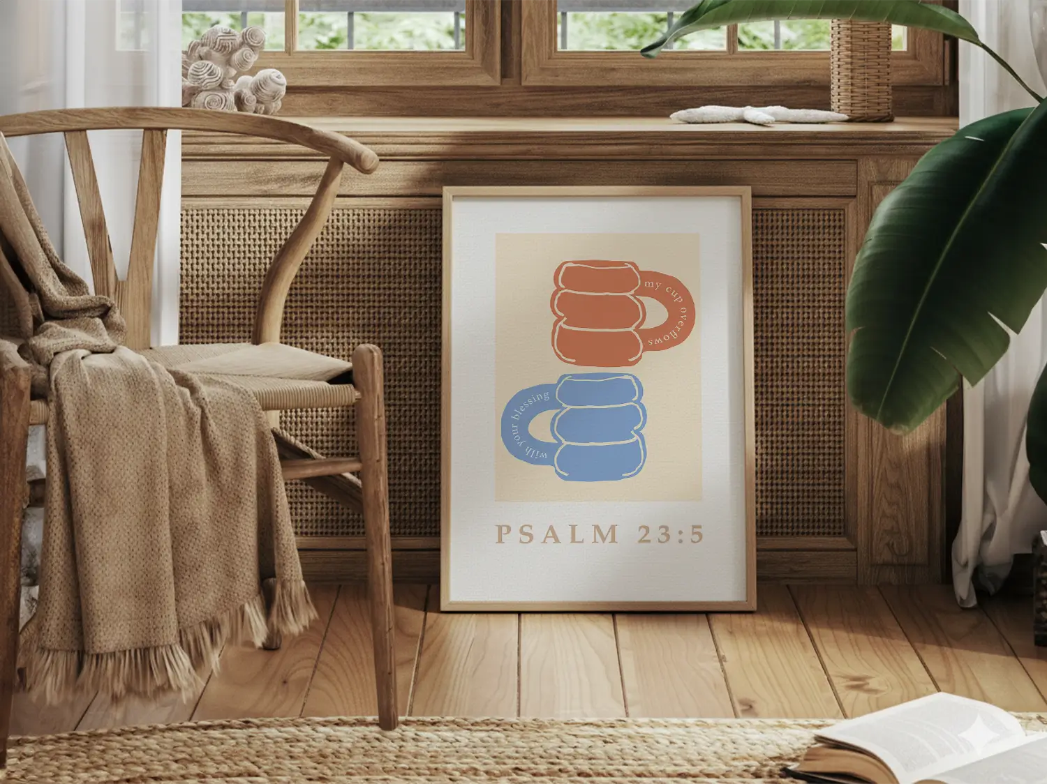 Celebrate abundant blessings with this inspiring Christian canvas wall art. This framed canvas print features a joyful, abstract design of stacked mugs and the comforting promise from Psalm 23:5 that your cup overflows.