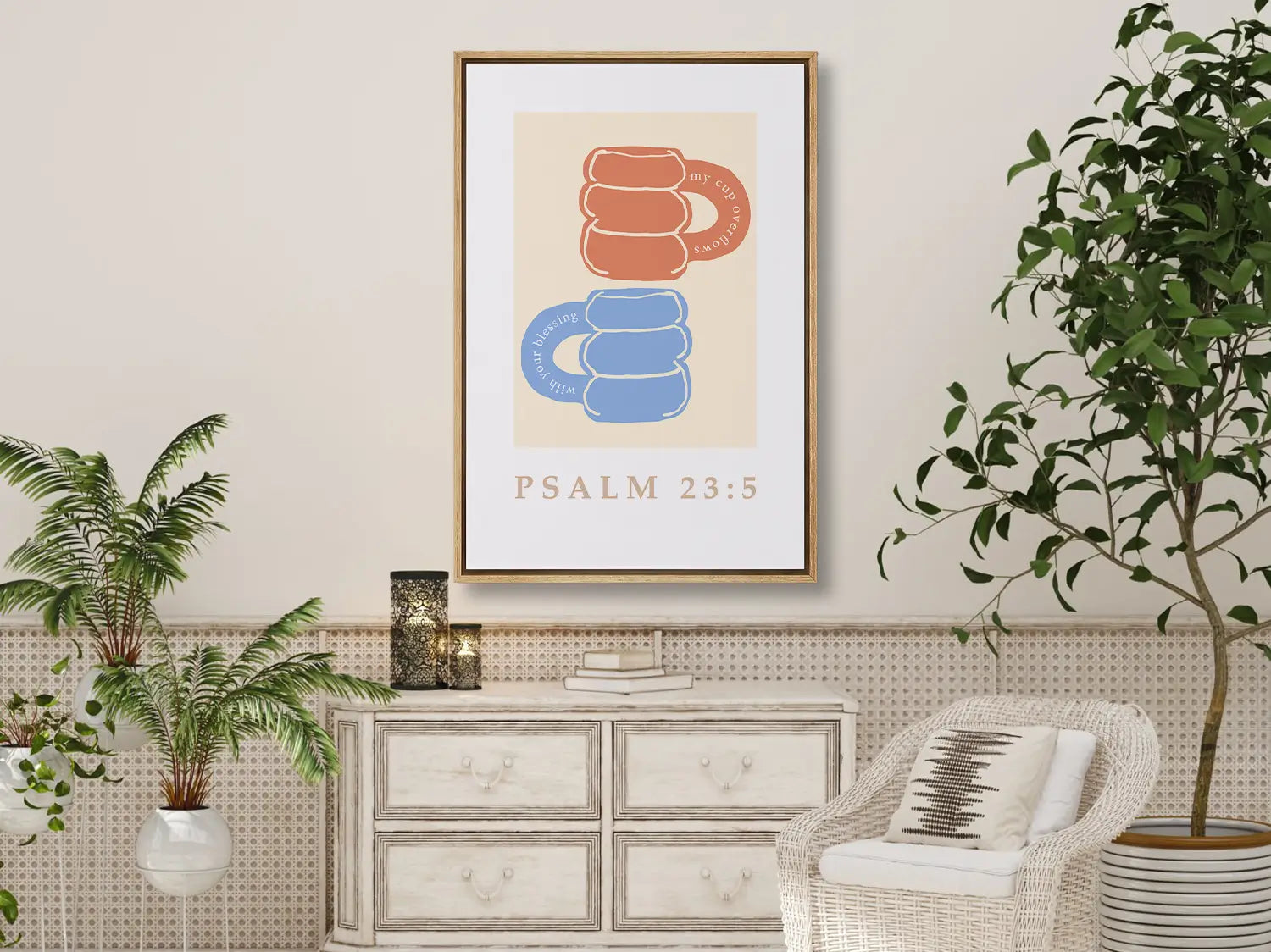 Celebrate abundant blessings with this inspiring Christian canvas wall art. This framed canvas print features a joyful, abstract design of stacked mugs and the comforting promise from Psalm 23:5 that your cup overflows.