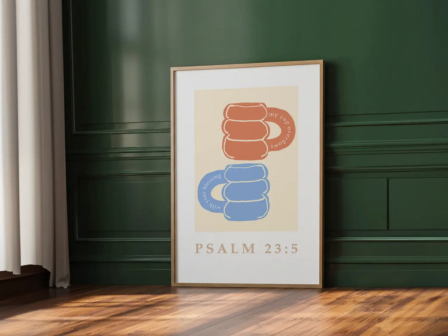 Celebrate abundant blessings with this inspiring Christian canvas wall art. This framed canvas print features a joyful, abstract design of stacked mugs and the comforting promise from Psalm 23:5 that your cup overflows.