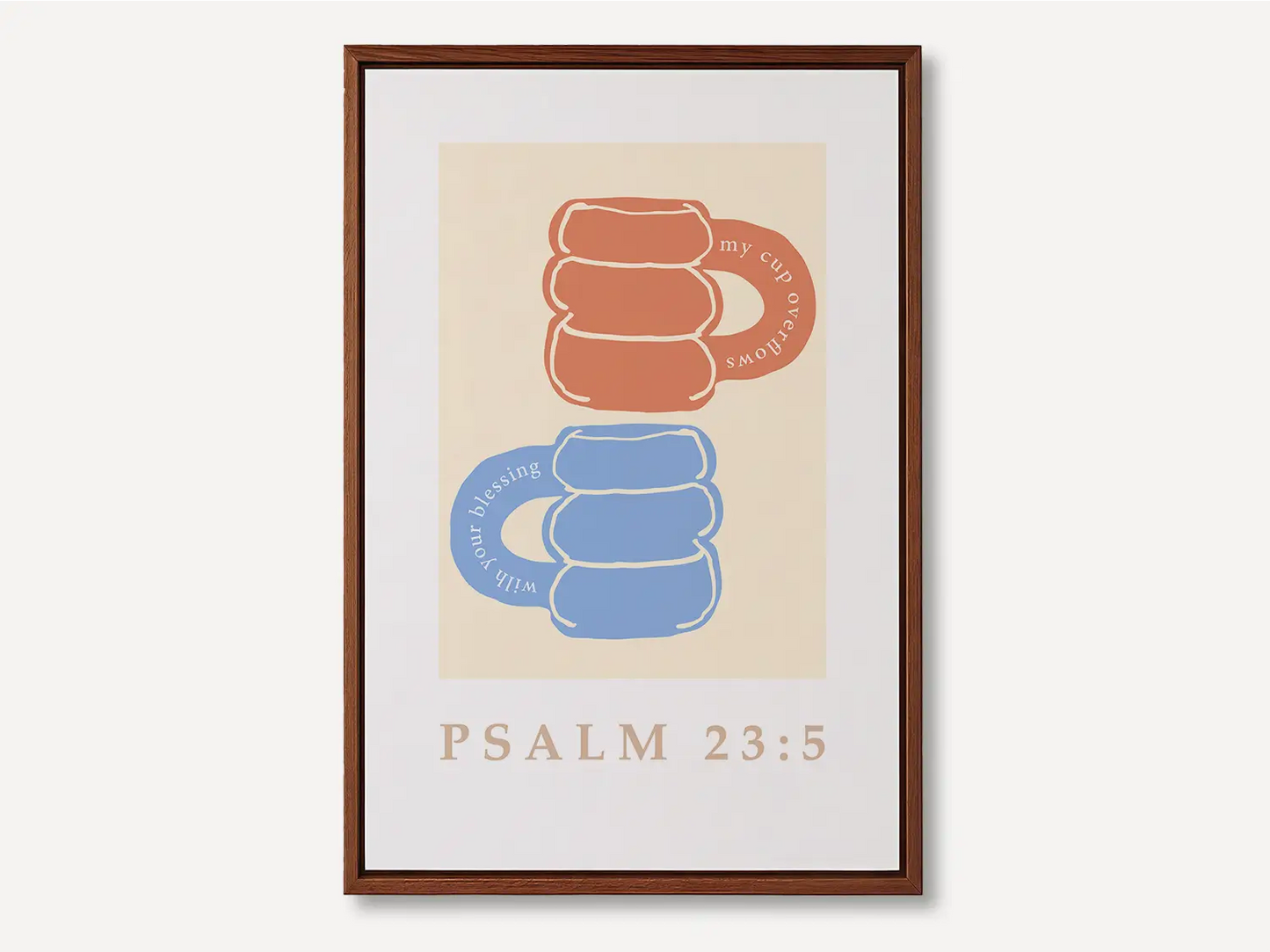 Celebrate abundant blessings with this inspiring Christian canvas wall art. This framed canvas print features a joyful, abstract design of stacked mugs and the comforting promise from Psalm 23:5 that your cup overflows.