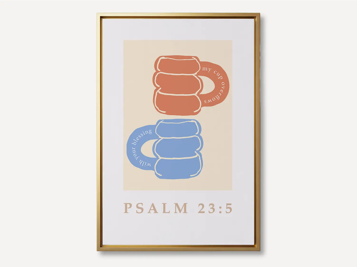 Celebrate abundant blessings with this inspiring Christian canvas wall art. This framed canvas print features a joyful, abstract design of stacked mugs and the comforting promise from Psalm 23:5 that your cup overflows.