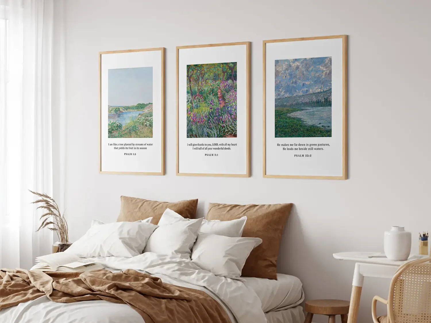 Bring the tranquil beauty of nature and faith into your home with this inspiring Christian wall art set. This collection of three framed scripture prints features lush, impressionist-style landscapes paired with comforting verses from the Psalms.