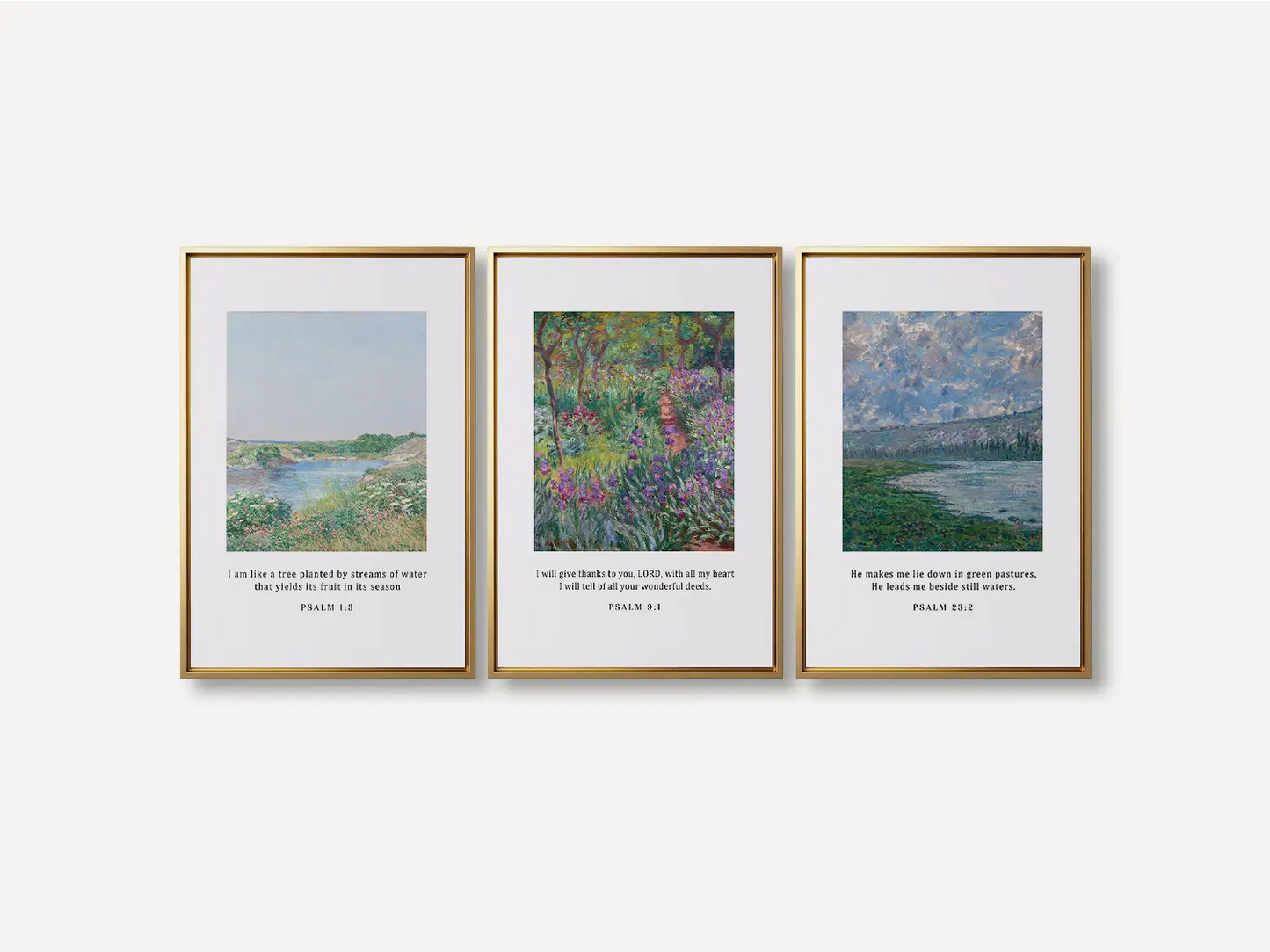 Bring the tranquil beauty of nature and faith into your home with this inspiring Christian wall art set. This collection of three framed scripture prints features lush, impressionist-style landscapes paired with comforting verses from the Psalms.