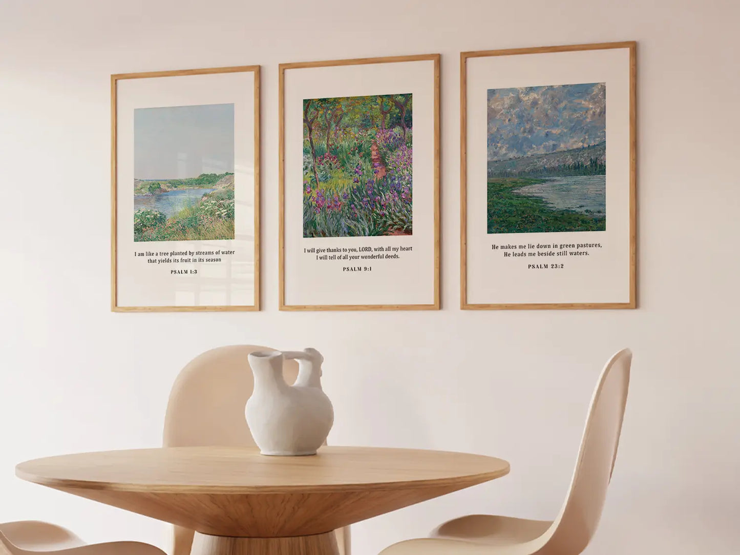 Bring the tranquil beauty of nature and faith into your home with this inspiring Christian wall art set. This collection of three framed scripture prints features lush, impressionist-style landscapes paired with comforting verses from the Psalms.