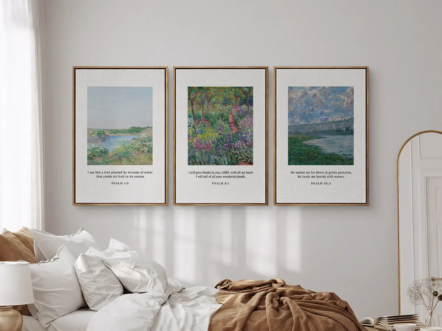 Bring the tranquil beauty of nature and faith into your home with this inspiring Christian wall art set. This collection of three framed scripture prints features lush, impressionist-style landscapes paired with comforting verses from the Psalms.