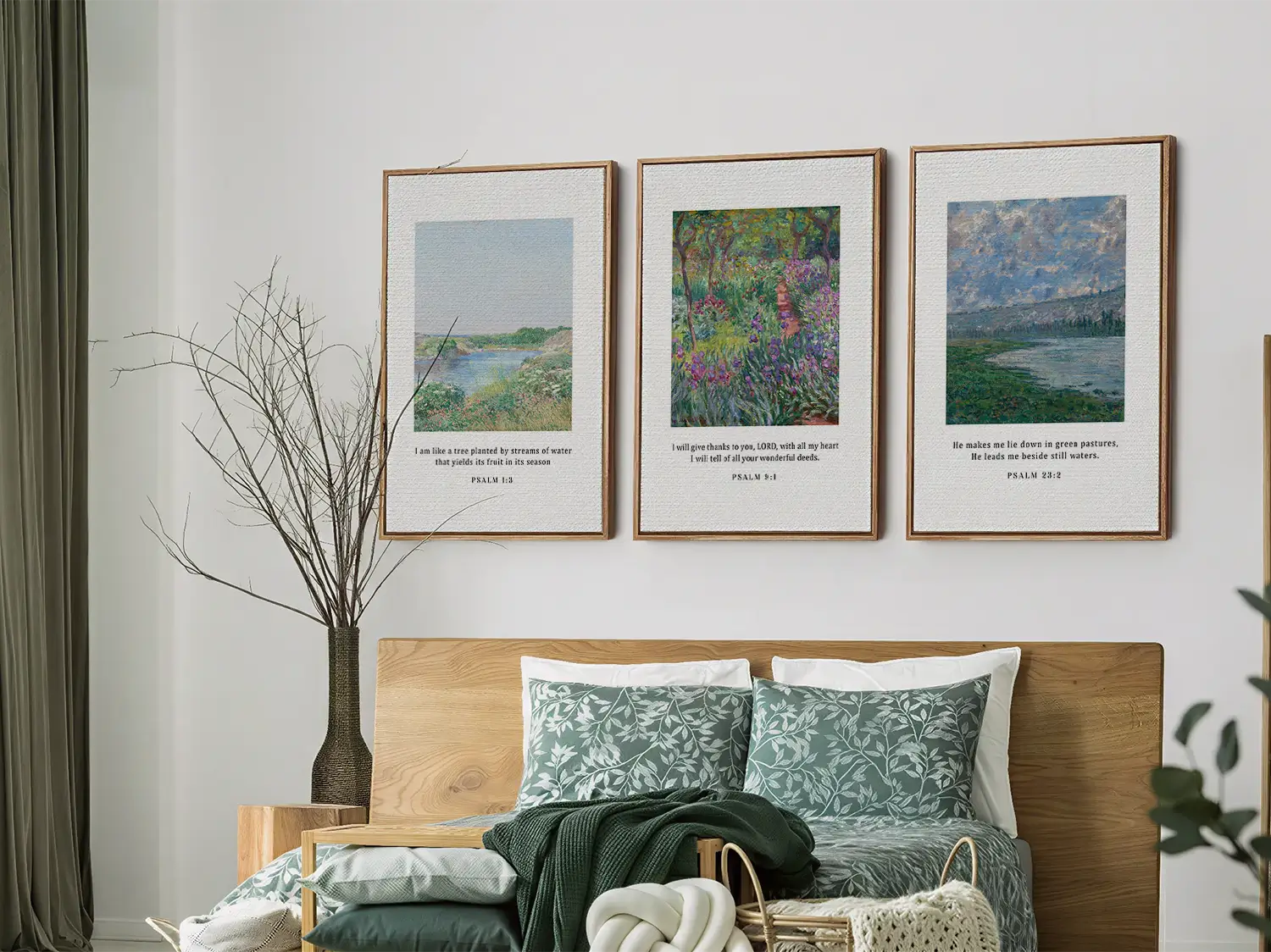 Bring the tranquil beauty of nature and faith into your home with this inspiring Christian wall art set. This collection of three framed scripture prints features lush, impressionist-style landscapes paired with comforting verses from the Psalms.