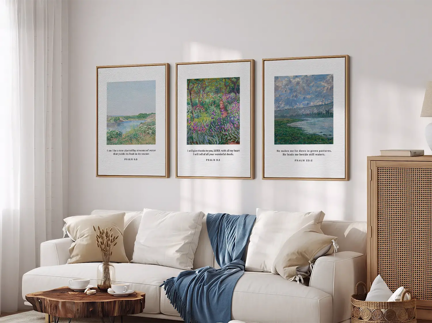 Bring the tranquil beauty of nature and faith into your home with this inspiring Christian wall art set. This collection of three framed scripture prints features lush, impressionist-style landscapes paired with comforting verses from the Psalms.