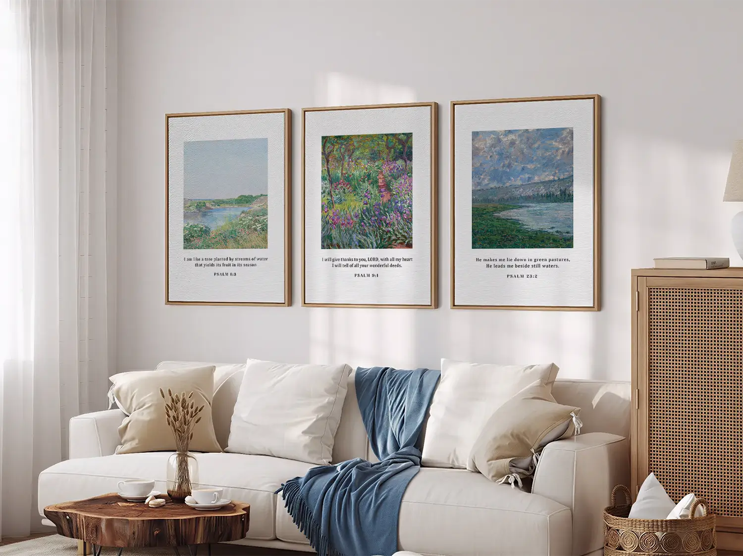 Bring the tranquil beauty of nature and faith into your home with this inspiring Christian wall art set. This collection of three framed scripture prints features lush, impressionist-style landscapes paired with comforting verses from the Psalms.