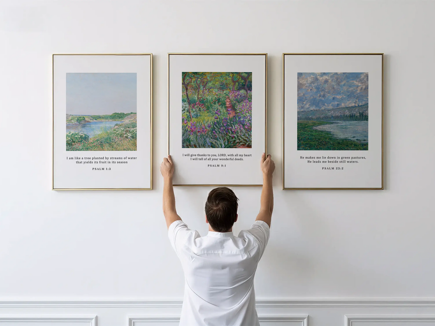 Bring the tranquil beauty of nature and faith into your home with this inspiring Christian wall art set. This collection of three framed scripture prints features lush, impressionist-style landscapes paired with comforting verses from the Psalms.
