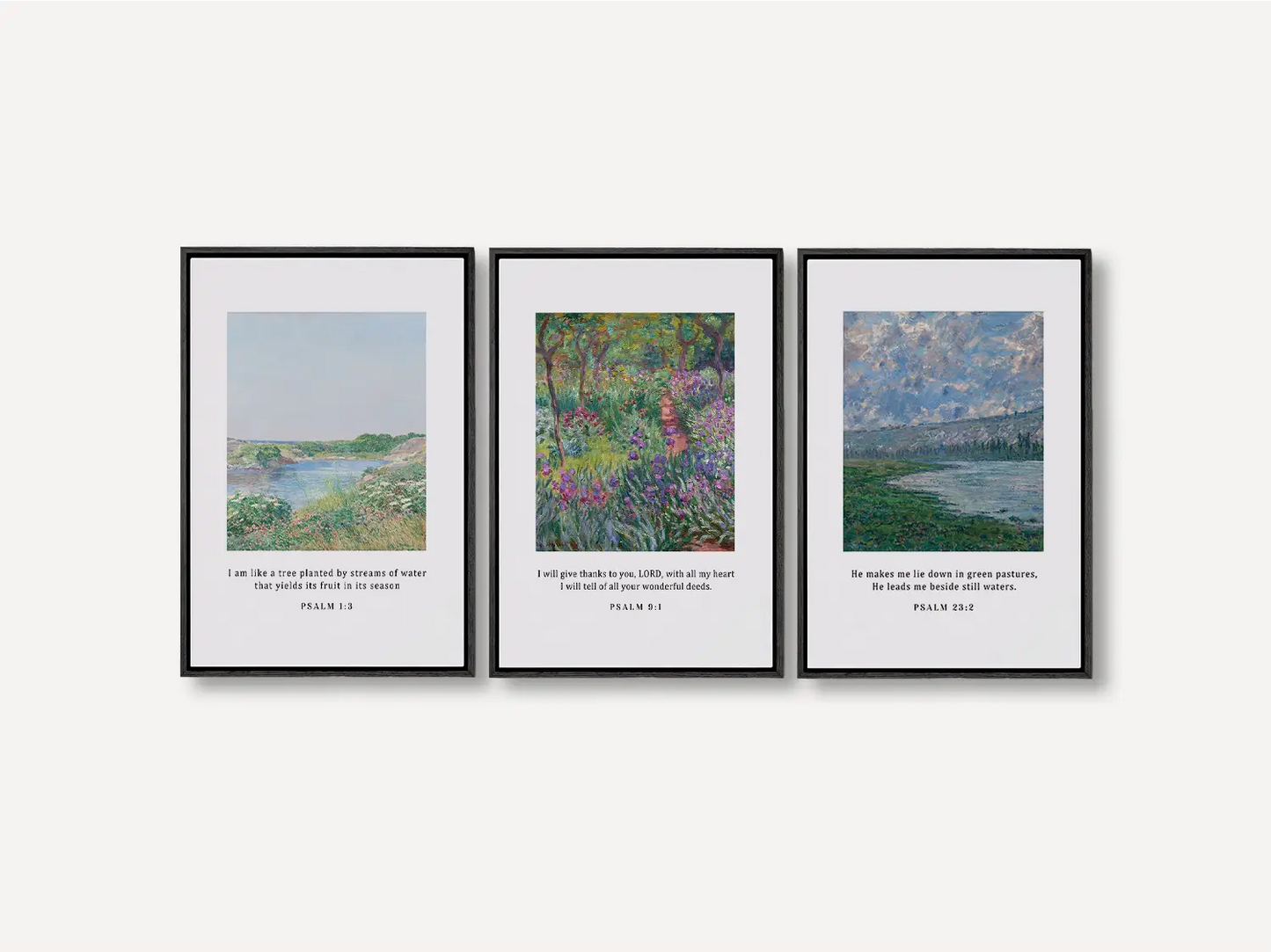 Bring the tranquil beauty of nature and faith into your home with this inspiring Christian wall art set. This collection of three framed scripture prints features lush, impressionist-style landscapes paired with comforting verses from the Psalms.