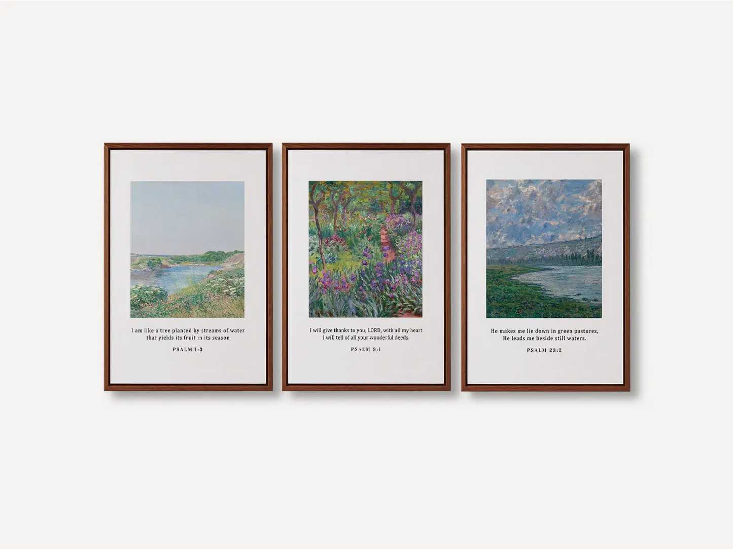 Bring the tranquil beauty of nature and faith into your home with this inspiring Christian wall art set. This collection of three framed scripture prints features lush, impressionist-style landscapes paired with comforting verses from the Psalms.