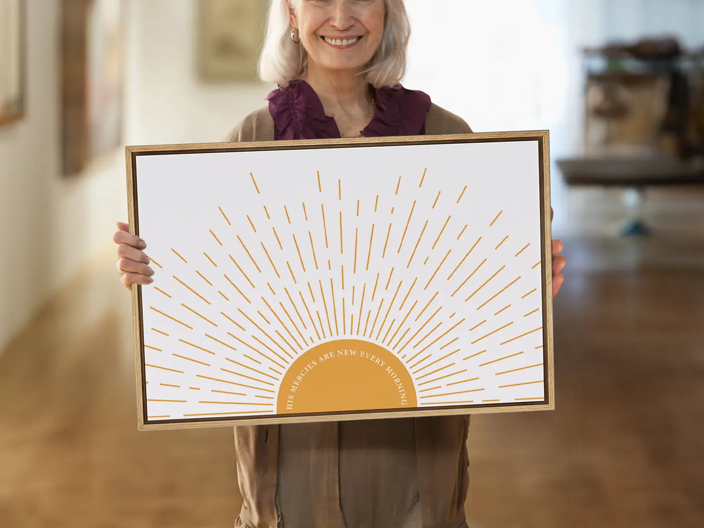 Start each day with hope and grace with this inspiring Christian canvas wall art. This framed canvas print features a bright, modern sunrise design and the comforting promise from Lamentations 3:23: "His mercies are new every morning."