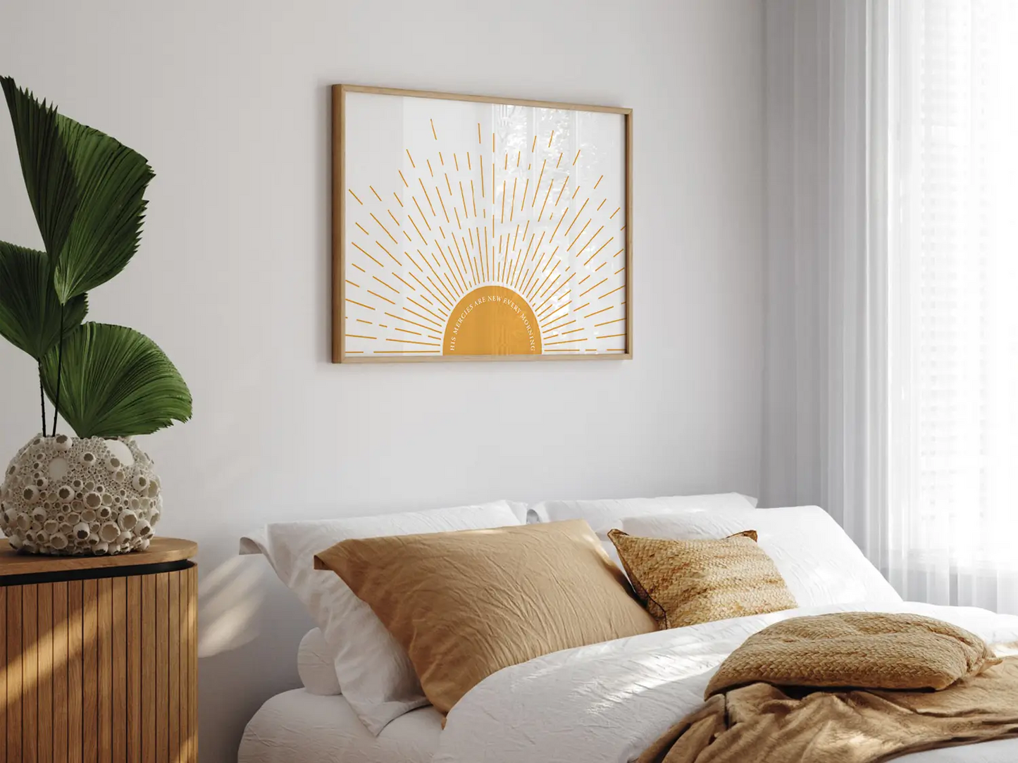 Start each day with hope and grace with this inspiring Christian canvas wall art. This framed canvas print features a bright, modern sunrise design and the comforting promise from Lamentations 3:23: "His mercies are new every morning."