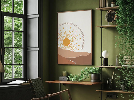 Start each day with hope and grace with this inspiring Christian canvas wall art. This framed canvas print features a bright, modern sunrise design with warm earth tones, highlighting the comforting promise from Lamentations 3:23 that His mercies are new every morning.