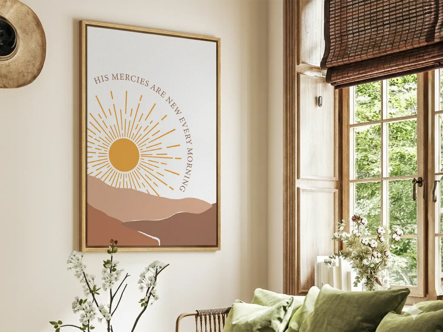 Start each day with hope and grace with this inspiring Christian canvas wall art. This framed canvas print features a bright, modern sunrise design with warm earth tones, highlighting the comforting promise from Lamentations 3:23 that His mercies are new every morning.