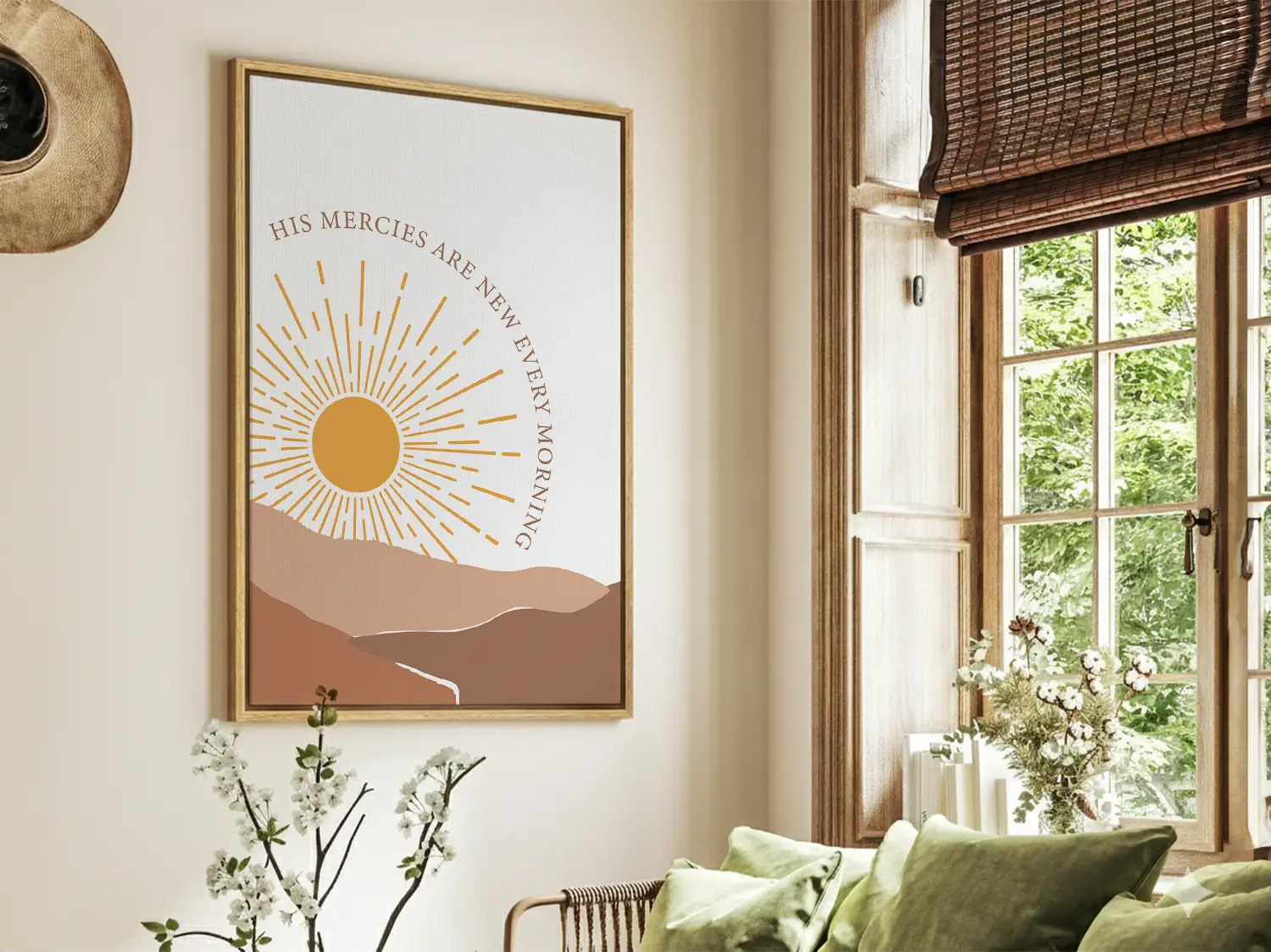 Start each day with hope and grace with this inspiring Christian canvas wall art. This framed canvas print features a bright, modern sunrise design with warm earth tones, highlighting the comforting promise from Lamentations 3:23 that His mercies are new every morning.
