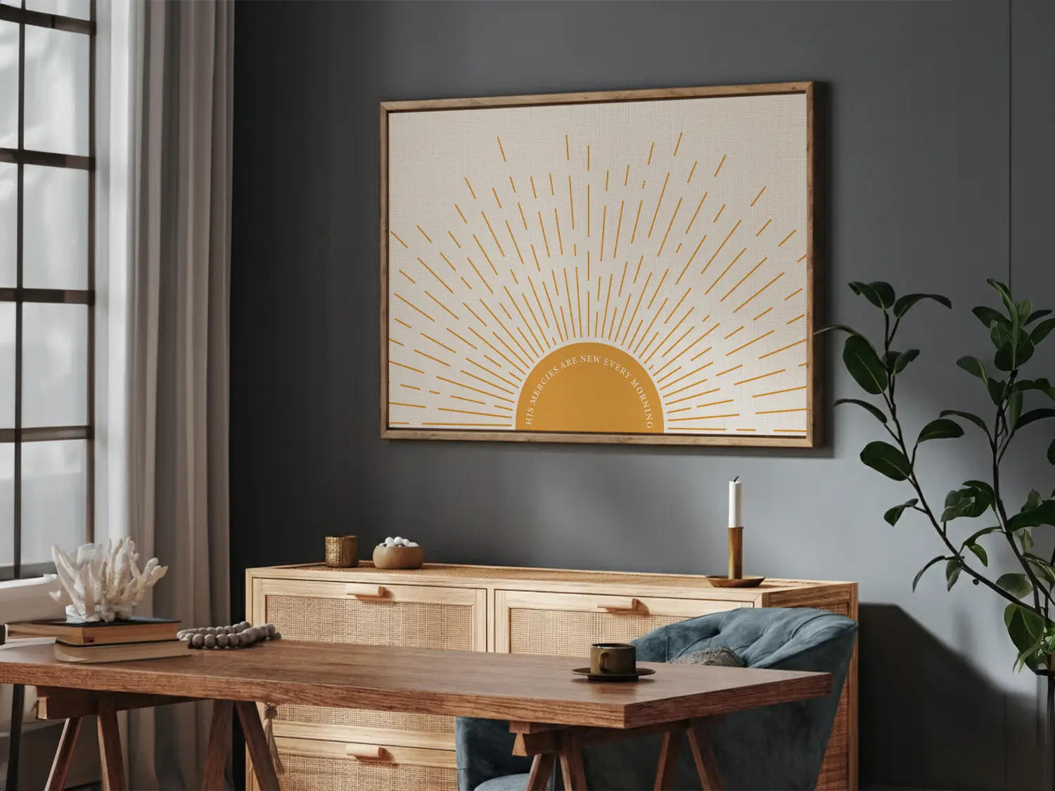 Start each day with hope and grace with this inspiring Christian canvas wall art. This framed canvas print features a bright, modern sunrise design and the comforting promise from Lamentations 3:23: "His mercies are new every morning."