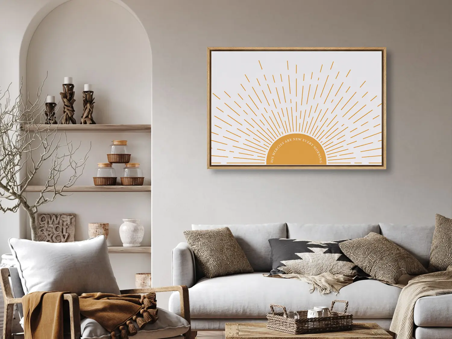 Start each day with hope and grace with this inspiring Christian canvas wall art. This framed canvas print features a bright, modern sunrise design and the comforting promise from Lamentations 3:23: "His mercies are new every morning."