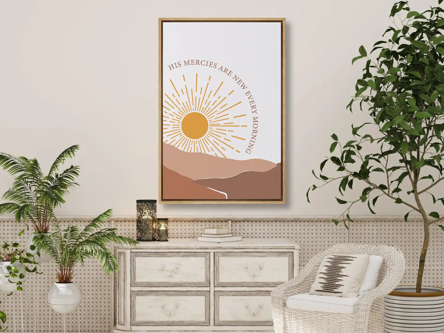 Start each day with hope and grace with this inspiring Christian canvas wall art. This framed canvas print features a bright, modern sunrise design with warm earth tones, highlighting the comforting promise from Lamentations 3:23 that His mercies are new every morning.